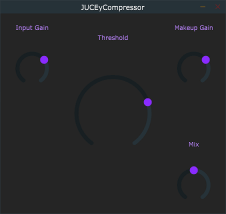 A basic compressor plugin that controls the volume, threshold, and mix.